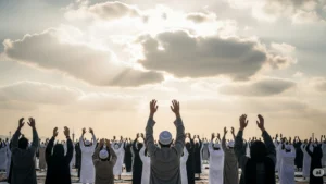 صورة تعبر عن يوم عرفة، تظهر فيها أيادي مرفوعة بالدعاء نحو سماء صافية تتخللها أشعة الشمس، في جو من الخشوع والسكينة.